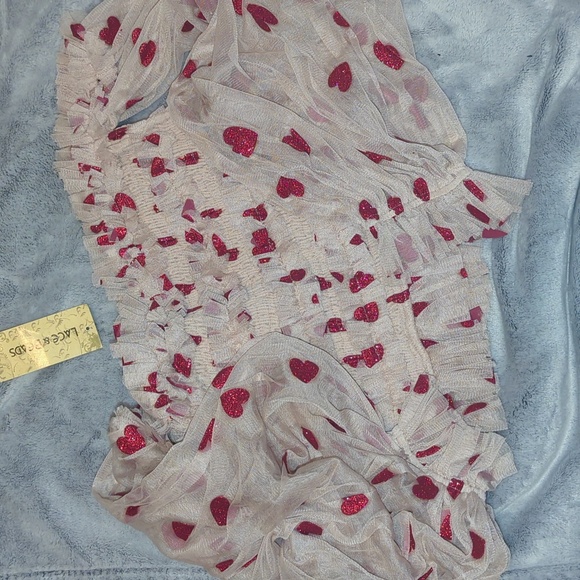 Lace & Beads Exclusive Bardot Ruffle Top With Sheer Balloon Sleeves - Picture 3 of 3